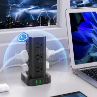 Power Strip Tower with Multiple Outlets, Flat Plug Surge Protector Tower Extension Cord with 12 AC Outlets 4 USB Ports (2 USB C), 6FT Cord Power Tower Surge Protector for Home Office Dorm Room, Black - Image 5