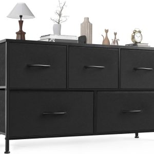 OLIXIS Dresser for Bedroom, 5 Storage Fabric Drawers, Metal Frame and Wooden Top, Tall Storage Drawer Dresser for Closet with Easy Pull Handles for Living Room, Entryway, Small Space Black