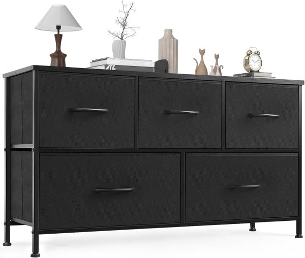OLIXIS Dresser for Bedroom, 5 Storage Fabric Drawers, Metal Frame and Wooden Top, Tall Storage Drawer Dresser for Closet with Easy Pull Handles for Living Room, Entryway, Small Space Black