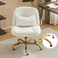 VINGLI Wide Criss Cross Legged Office Chair,Buttprint Ergonomic Desk Chair Comfy with Pillow&Gold Base,Dual-Use with/no Wheels,Adjustable Vanity Swivel Chair for Bedroom,Home Office,Teddy Fleece,White - Image 6