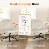 Criss Cross Chair Armless Computer Task Chair, Wide Comfty Swivel Fabric Height Adjustable Vanity Chair w/Replaceable Wheels/Fixed Base/Padded, Beige Leather - Image 2