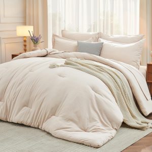 MUXHOMO 7 Pieces Queen Comforter Set, Soft Bed in a Bag Queen Size, All Season Bedding Set with Comforter, Flat Sheet, Fitted Sheet, Pillowcases & Shams, Beige