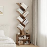 SUNMORY 6 Tier Tree Bookshelf, Small Bookcase with Storage Cabinet, Modern Tall Narrow Bookshelves Organizer, Floor Standing Book Shelf for Bedroom/Living Room/Home Office/Corner, Rustic Brown - Image 8