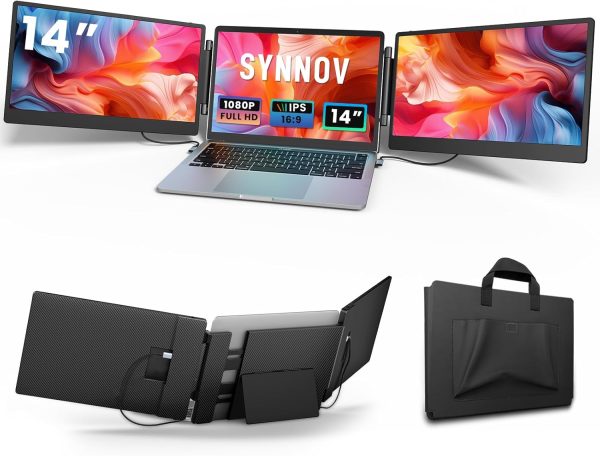 Laptop Screen Extender, 14" FHD 1080P Triple Portable Monitor for 13"-16.5" Laptop with Stand, Dual Monitors Built-in Speakers, Plug & Play, Monitor Extender for MacOS/Wins/Chrome/Dex