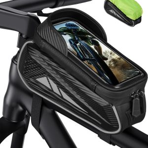 Bike Phone Holder Bag, EVA Waterproof Bicycle Front Frame Bag, Bike Accessories Cycling Pouch with Sensitive TPU Touch-Screen, Bicycle Phone Mount with Rain Cover for Phone under 7" (Sliver, 7 inch)
