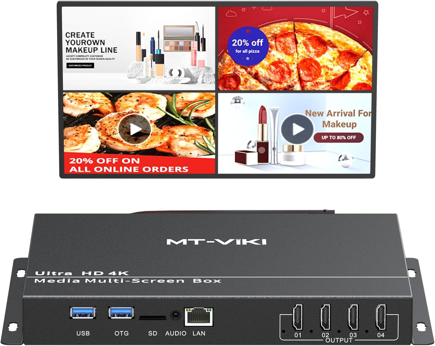 MT-VIKI Advertise TV Box Streaming Media Player 4K, HDMI USB 3.0 OTG TF Card 3.5mm Audio Port Android 11 LAN Network WiFi Bluetooth Support