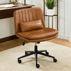 Dual Layer Criss Cross Legged Chair with Wheels, Comfy Rolling Office Desk Armless Chair with Pillows, Wide Swivel Vanity Chairs Computer Task Chair for Makeup, Bedroom (PU Leather Brown)