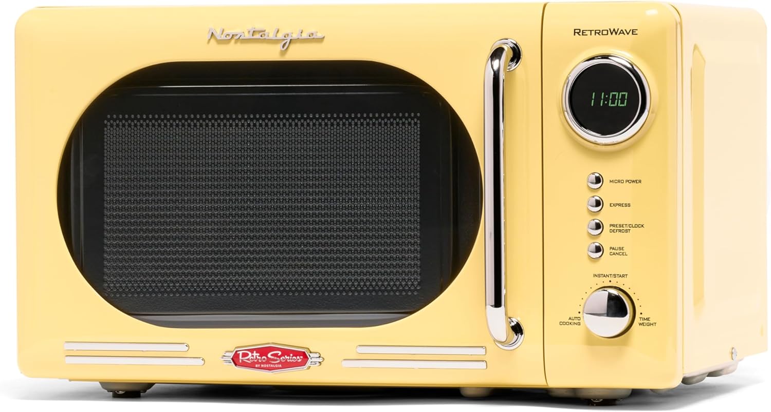Nostalgia NRMO7YW6A Retro Compact Countertop Microwave Oven, 0.7 Cu. Ft. 700-Watts with LED Digital Display, Child Lock, Easy Clean Interior, Yellow