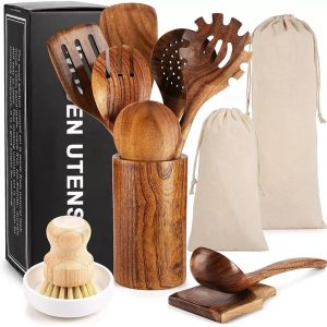 Eco-Friendly Wooden Kitchen Utensil Set – 11-Piece Olive, Teak & Acacia Wood Cooking Tools with Holder & Canvas Bag – Includes Slotted Spoon, Ladle, Spaghetti Server, Flat & Slotted Spatulas, Spoon