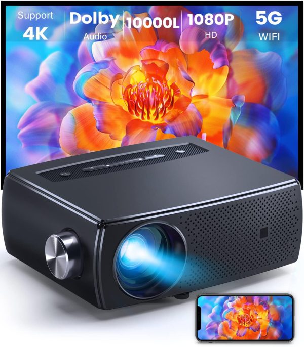 Projector with 5G WiFi & Bluetooth 4K Support, CLOKOWE 10000L Full HD 1080P Outdoor Portable Video Projector with Screen,Home Theater Projector Max 300" Compatible with Android/iOS/TV Stick/PS4/Laptop