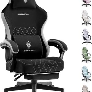 Dowinx Fabric Gaming Chair, Ergonomic Computer Chair with Footrest and Pocket Spring Cushion, Height Adjustable Video Gamer Chair with Lumbar Support for Adults, Black