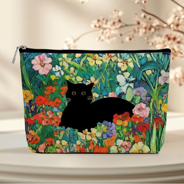 Floral Cat Makeup Bag, Cat Gifts Cosmetic Bags, Aesthetic Design Canvas Zipper Organizer Pouch Cute Roomy Portable Toiletry Bag Cats Themed Gifts for Girls Women Travel Storage Accessories-1