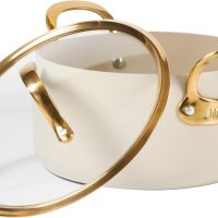 bloomhouse 6 Quart Heavy Duty Aluminum Premium PFA Free Ceramic Nonstick Dutch Oven Pot with Lid - Almond Cream w/Gold Handle - Image 7