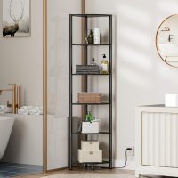 Furnulem 6 Tier Corner Shelf with LED Light, 67.5” Tall Standing Shelf Organizer, Black Narrow Bookshelf with Storage Rack for Wall Corner, Living Room, Bedroom, Metal Frame, Wood Display Shelf - Image 5