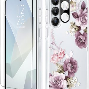GVIEWIN for Samsung Galaxy A16 5G Case, [Screen & Camera Lens Protector] [Military-Grade Protective] Women Clear Floral Not Yellowing Shockproof Bumper Phone Case for Galaxy A16, Cherry Blossoms