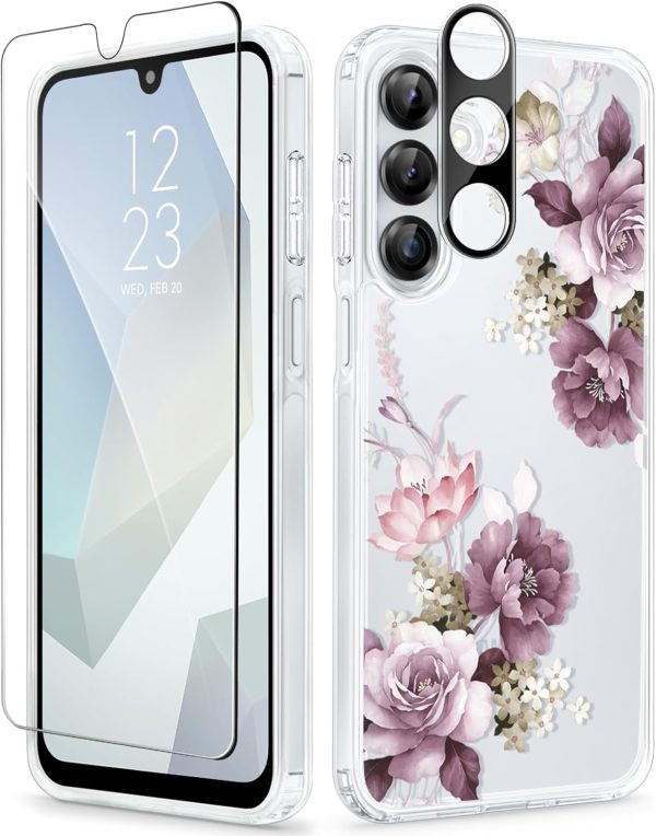 GVIEWIN for Samsung Galaxy A16 5G Case, [Screen & Camera Lens Protector] [Military-Grade Protective] Women Clear Floral Not Yellowing Shockproof Bumper Phone Case for Galaxy A16, Cherry Blossoms