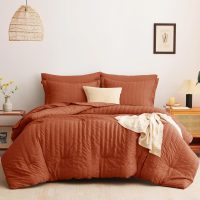 CozyLux Queen Comforter Set Burnt Orange Seersucker 7 Pieces Bed in a Bag Queen Comforter Set with Sheets Terracotta Luxury Bedding Set with Down Alternative Comforter, Sheets, Pillowcases & Shams - Image 8