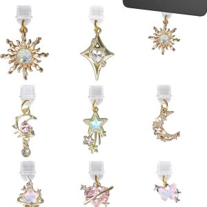 8pcs Aesthetic Dust Plug Charms, Vintage Fantasy Star Moon Sun Heart Butterfly Pendant Y2K Type C & USB-C Charging Port Covers for E-Reader Book Smart Phone Accessories