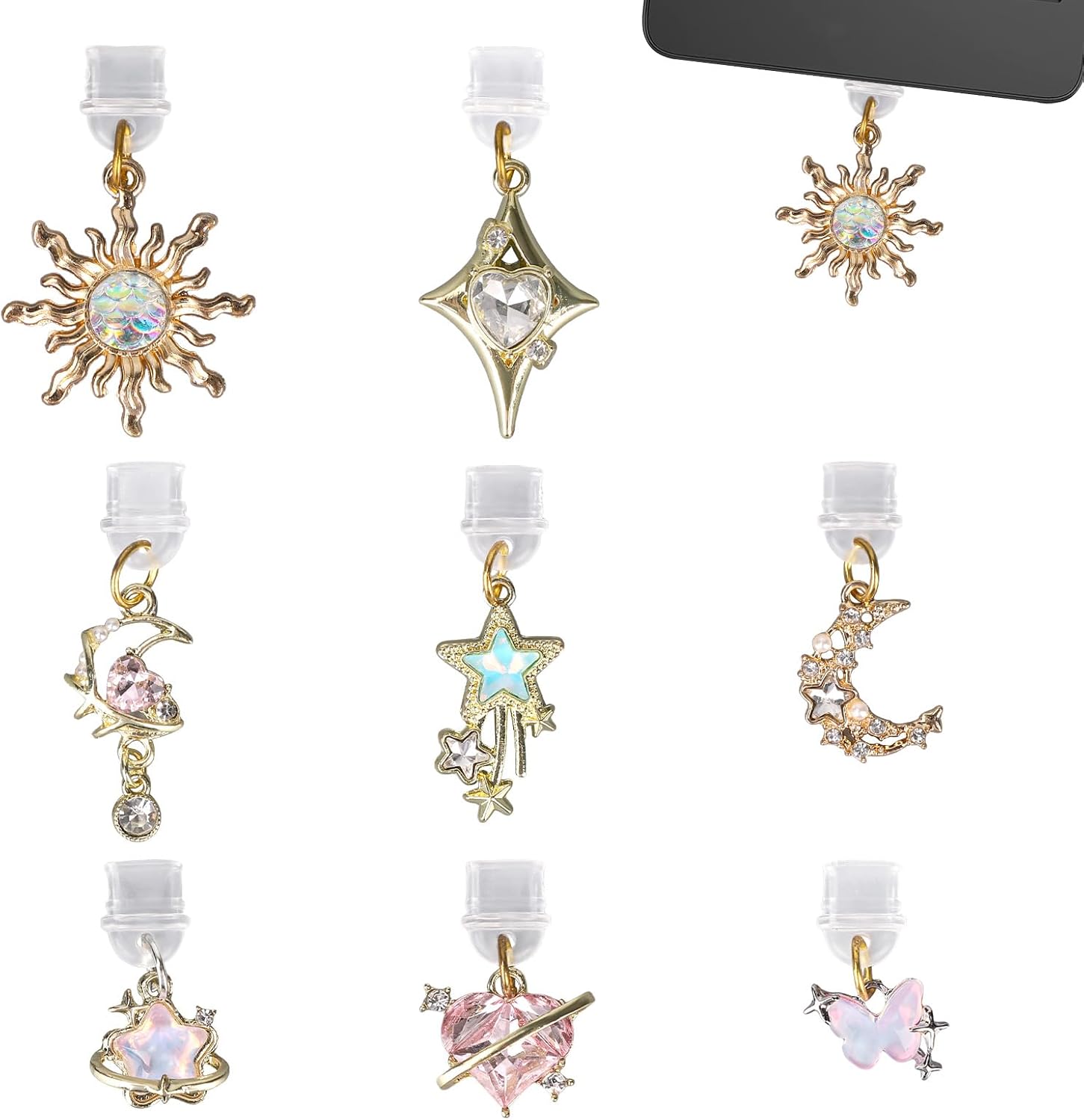 8pcs Aesthetic Dust Plug Charms, Vintage Fantasy Star Moon Sun Heart Butterfly Pendant Y2K Type C & USB-C Charging Port Covers for E-Reader Book Smart Phone Accessories