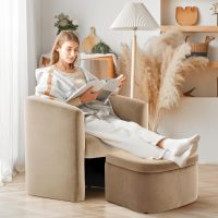COLAMY Upholstered Velvet Barrel Accent Chair with Storage Ottoman, Morden Living Room Chair with Lounge Seat for Bedroom/Reading Spaces, Khaki - Image 5