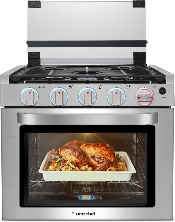 AMZCHEF RV Gas Range Stove 12V. Range Oven for RV Use with 3 Burners,Gas Oven, 28,100BTU, Open Flame Configuration, Knob work indicator, Heavy Duty Cast Iron Grates (Large 21 inch)