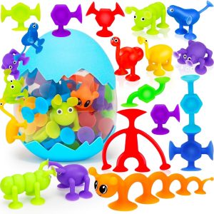32 PCS Toddler Suction Cup Toys Kids Bath Toy 1-3 3-5 Party Favor Goody Prize Filler Stuffer Gifts for 2+ 3 4 5 6 Year Old Boy Girl Travel Sensory Fidget Window Water Table Toy with Eggshell Storage