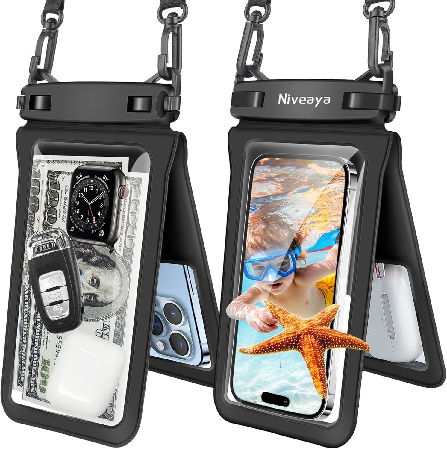 Niveaya Double Space Waterproof Phone Pouch (2-Pack) – IPX8 Cell Phone Dry Bag for Beach, Kayak, Cruise Travel Essentials – Compatible with iPhone 16/15/14 Pro Max & Galaxy S25/S24 Ultra (up to 8.3″)