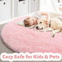 Amdrebio Light Pink Round Rug 4Ft for Girls Bedroom, Fluffy Circle Area Rugs for Kids Room Decor Aesthetic, Cute Shag Fuzzy Carpet for Nursery, Preppy Dorm, Classroom, Playroom, Teen, Baby, Washable - Image 3