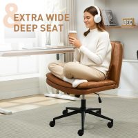 Dual Layer Criss Cross Legged Chair with Wheels, Comfy Rolling Office Desk Armless Chair with Pillows, Wide Swivel Vanity Chairs Computer Task Chair for Makeup, Bedroom (PU Leather Brown) - Image 8