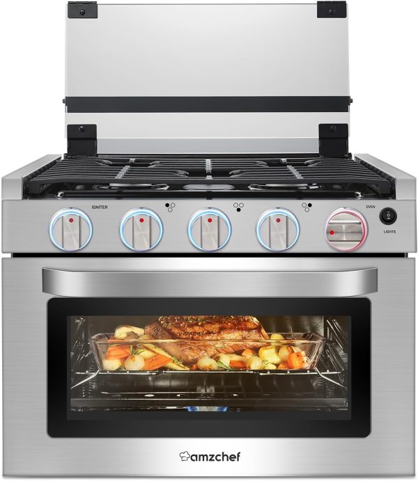 AMZCHEF RV Gas Range 17 Inches Tall, 1.24 Cu.Ft Propane Range Oven with 3 Burners Stove for RV, Apartment, Mobile Home, Stainless Steel.