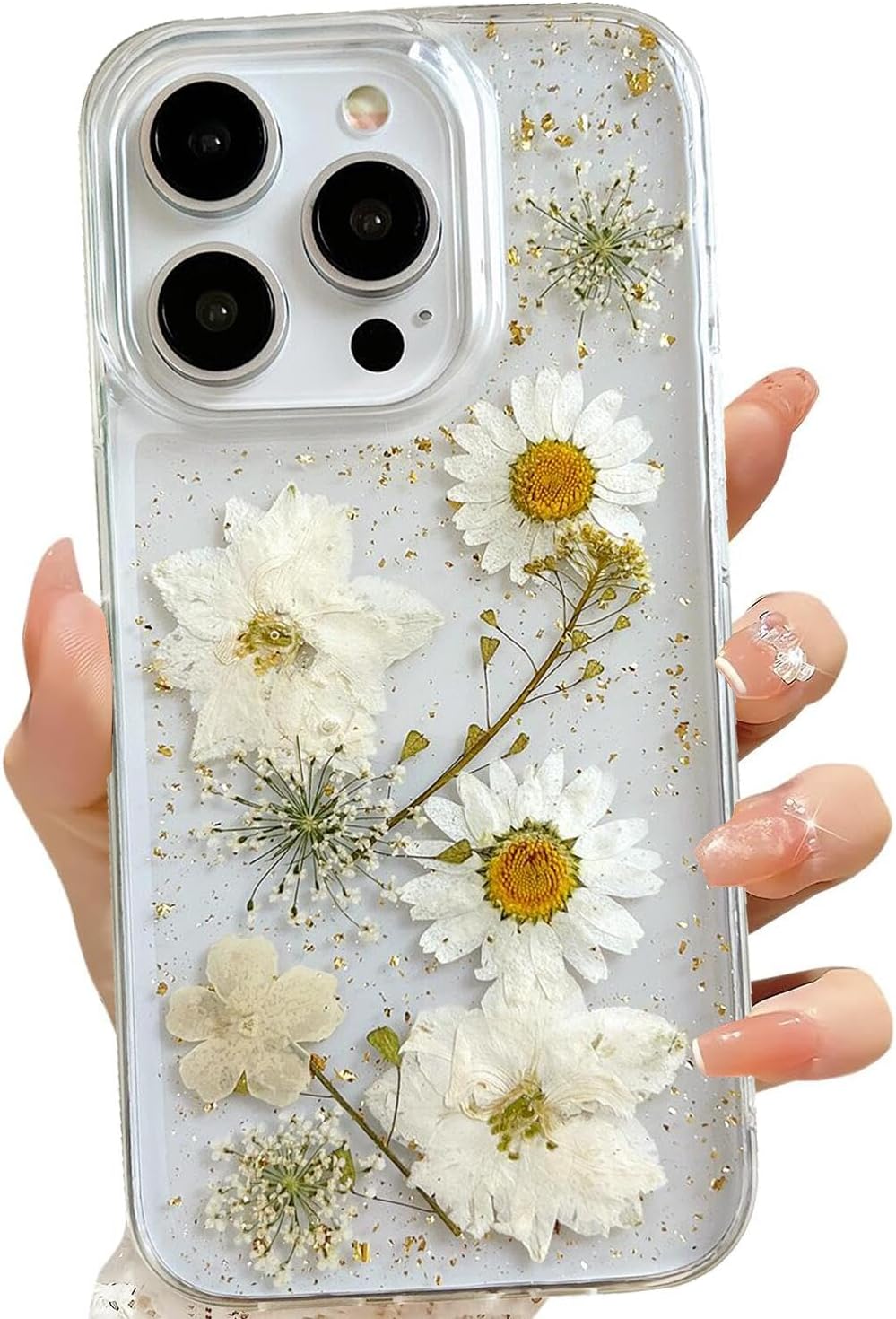 for iPhone 16 Pro Clear Case with Pressed Real Flowers Design,Glitter Cute White Floral Pattern Slim Soft TPU Protective Women Girl’s Phone Cover for iPhone 16 Pro