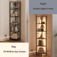 Furnulem 6 Tier Corner Shelf with LED Light, 67.5” Tall Standing Shelf Organizer, Black Narrow Bookshelf with Storage Rack for Wall Corner, Living Room, Bedroom, Metal Frame, Wood Display Shelf - Image 8