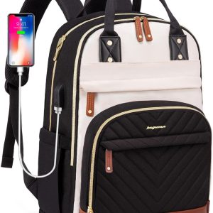 Laptop Backpack for Women Bag - 15.6 inch Work Travel Backpack with USB Charger College Bookbag Waterproof Business Computer Backpack Anti-theft Casual Backpacks for Nurse Teacher Beige Black Brown
