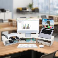 Dual Monitor Stand Riser with Drawer, Desk Organizer and Accessories, Metal Laptop Stand for Desk, Workspace Desktop Stand for Computer, Laptop, TV and More (White) - Image 2