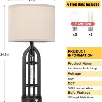Seealle Table Lamps for Living Room Set of 2 - Black Bedside Lamp for Bedroom with USB C+A & Outlet, Farmhouse Lamps for Night Stands, 3-Way Dimmable Touch Lamps for Living Room with Oat Shade - Image 6