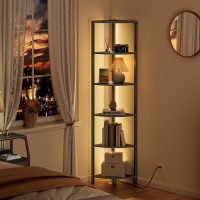 Furnulem 6 Tier Corner Shelf with LED Light, 67.5” Tall Standing Shelf Organizer, Black Narrow Bookshelf with Storage Rack for Wall Corner, Living Room, Bedroom, Metal Frame, Wood Display Shelf - Image 3