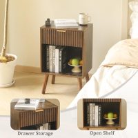 Mid Century Modern Nightstand, Wood Bedside Table with Drawer and Opening Storage, End Table Living Room Fluted Night Stand with Solid Wood Legs for Bedroom (Rustic Brown) - Image 6