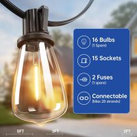 addlon 50FT LED Outdoor String Lights with 16 Shatterproof ST38 Vintage Edison Bulbs, Commercial Grade Waterproof Patio Lights, Connectable & Dimmable for Porch, Deck, Garden, Backyard, Balcony - Image 8
