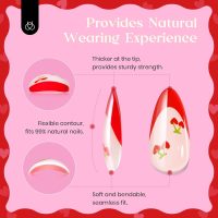 Cherry Press on Nails：Cherry of Love French Tips Press ons Cosmetic Nail Set Medium Almond 30 PCS 15 Sizes Pre-Designed Reusable Stick on Nails with Glue Manicure Gift for Women - Image 5