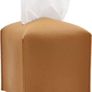 Livelab Tissue Box Cover, Modern Square Decorative PU Leather Facial Paper Case Organizer Holder Dispenser for Bathroom, Vanity Countertop, Night Stands, Desk, Car 5X5X5'' | Camel