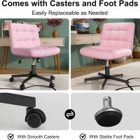 Criss Cross Chair with Wheels, Pink Armless Legged Office Desk Chair Wide Seat, Leather Comfortable Adjustable Swivel Computer Task Vanity Chairs for Home Office - Image 4