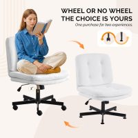 VINGLI Swivel Armless Criss Cross Chair with Dual-Use Wheels,Adjustable Height Cross-Legged Office Desk Chair, Vanity Chair, Rolling Computer Chair for Home,Teddy Fleece Beige - Image 3