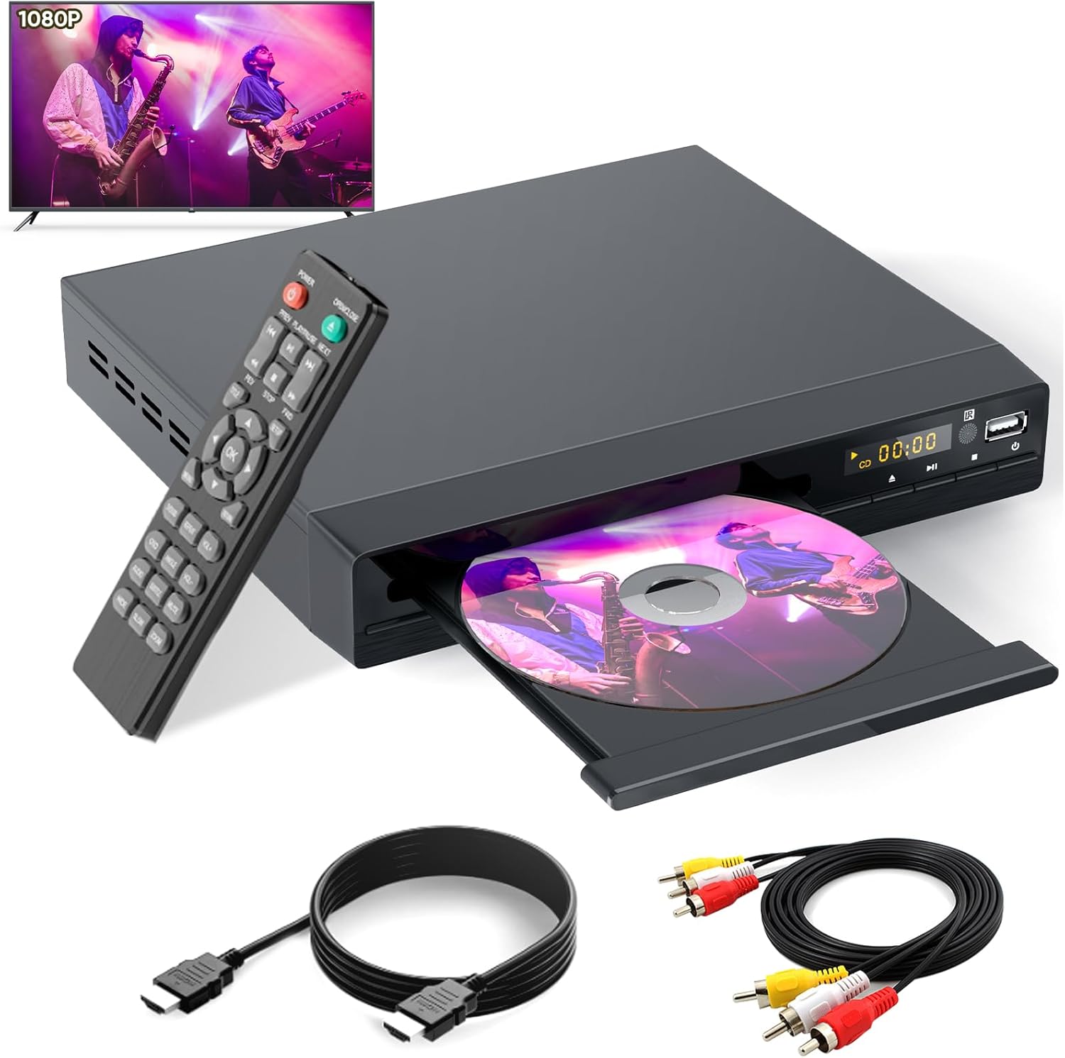 DVD Player for TV – All Region Free DVD Player with HDMI/RCA Output Cable Included – 1080P Upscaling, USB Input, Breakpoint Memory, CD Player for Home