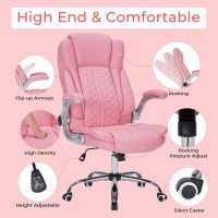 400lbs Executive Office Chair with Flip-Up Armrests, Big and Tall Computer Chair for Heavy People, Heavy Duty Ergonomic Comfy Chair, Breathable PU Leather (Pink) - Image 4