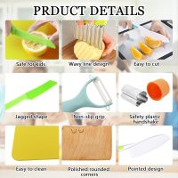 RISICULIS 11 Pieces Wooden Kids Kitchen Knife, Kids Kitchen Set Include Wood Knife, Serrated Edges Plastic Toddler Knife, Crinkle Cutter, Sandwich Cutter, Y Peeler, Cutting Board - Image 3