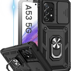 Goton Compatible with Samsung Galaxy A53 5G Case with Camera Cover & Kickstand Ring with Tempered Glass Screen Protector, Military Grade Shockproof Protective Bumper Cover Black