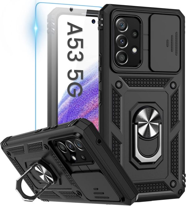 Goton Compatible with Samsung Galaxy A53 5G Case with Camera Cover & Kickstand Ring with Tempered Glass Screen Protector, Military Grade Shockproof Protective Bumper Cover Black