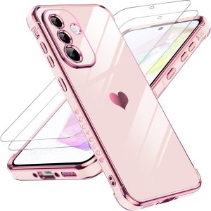 LeYi for Galaxy A36-5G Phone Case: for Samsung A36-5G Case Screen Protector [2 Pcs]+ Full Camera Lens Protection, Love Heart Plating Luxury Shockproof for A 36 5G Case, Pink