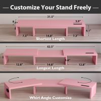 BONTEC Dual Monitor Stand for Desk, Adjustable Length and Angle Monitor Stand Riser with Smartphone Holder, Desk Shelf for Top of Desk, Computer Monitor Stand with Storage, Office Desk Organizer, Pink - Image 3