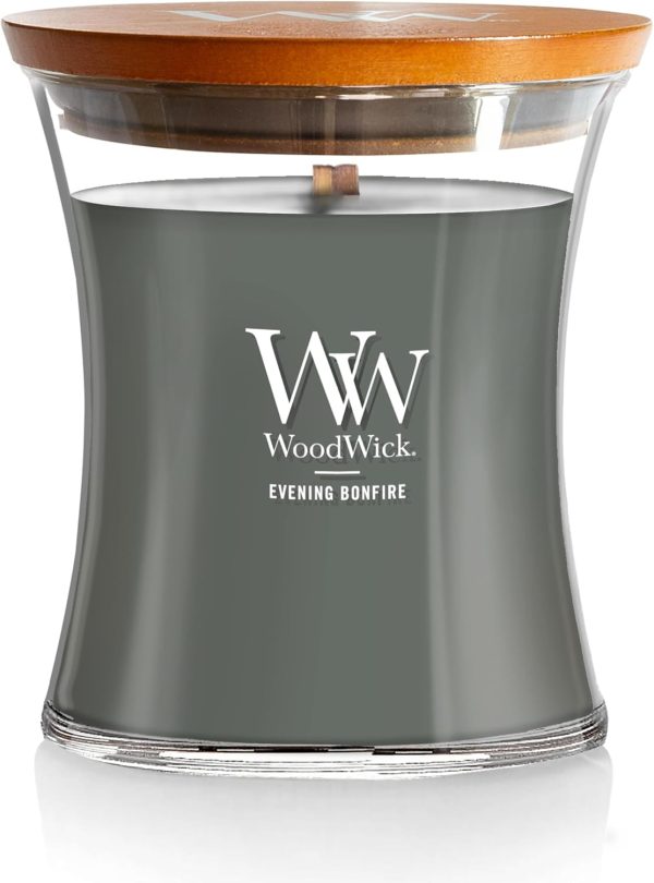 WoodWick Medium Hourglass Candle Evening Bonfire Scented with Premium Soy Blend Wax Pluswick Innovation Wood Wick Fall Decor Fragrance